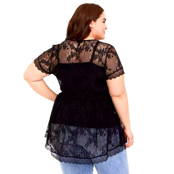 TORRID LACE TOP Stretch Sheer Babydoll High Low Women 30, 6X Black Short - Picture 2 of 15